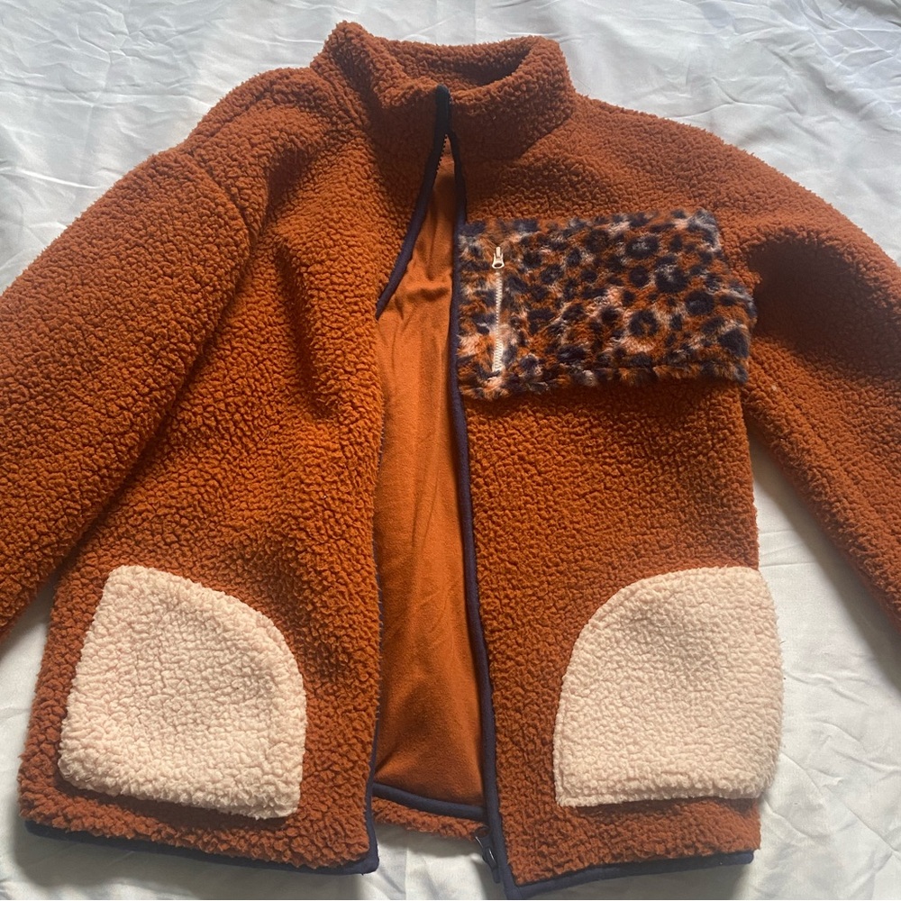 Cat & Jack Rust Sherpa Jacket with Cream Patch Pockets